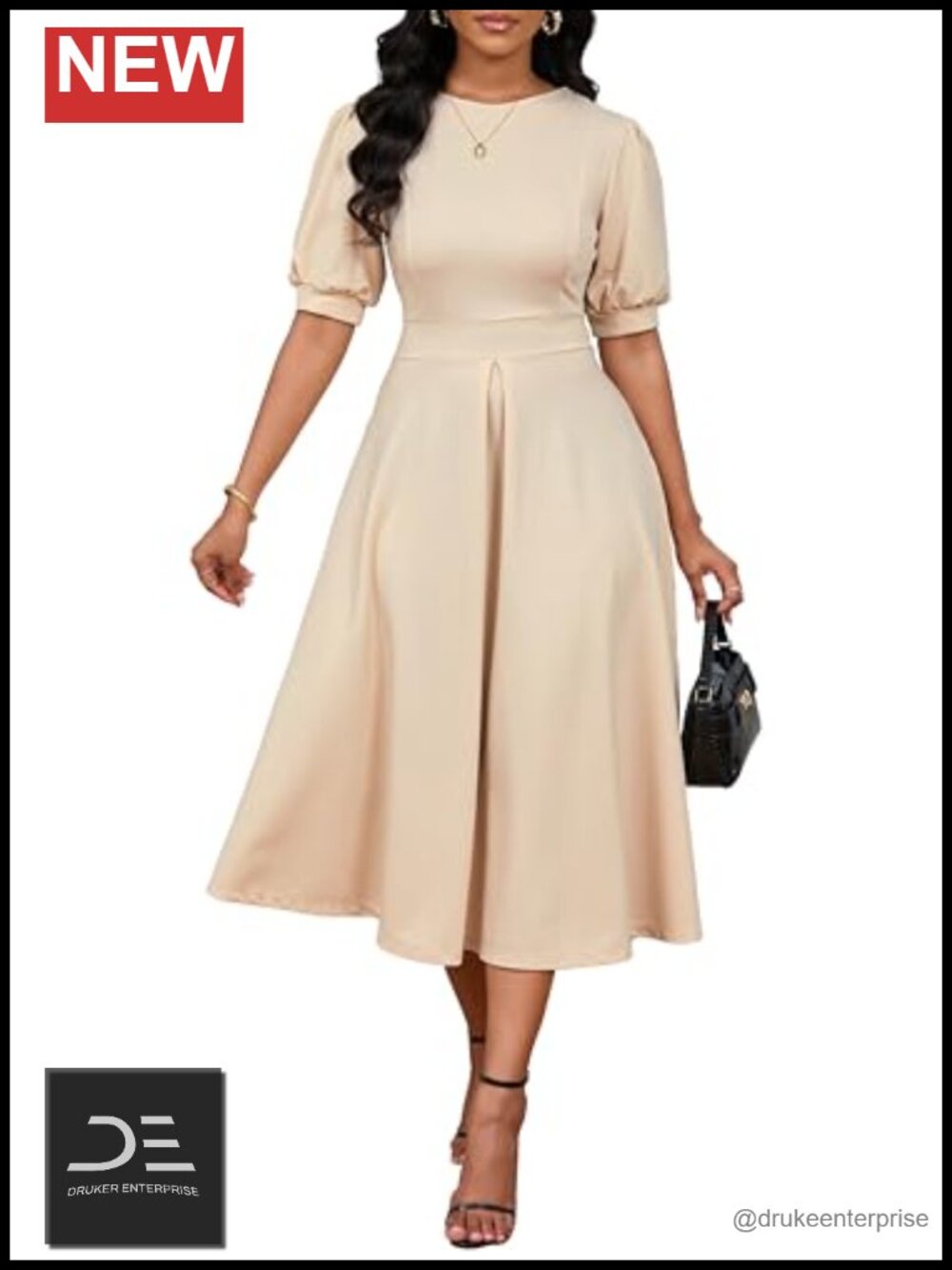 Women's A Line Long Dress Puff Sleeve High Waist Formal Church Work